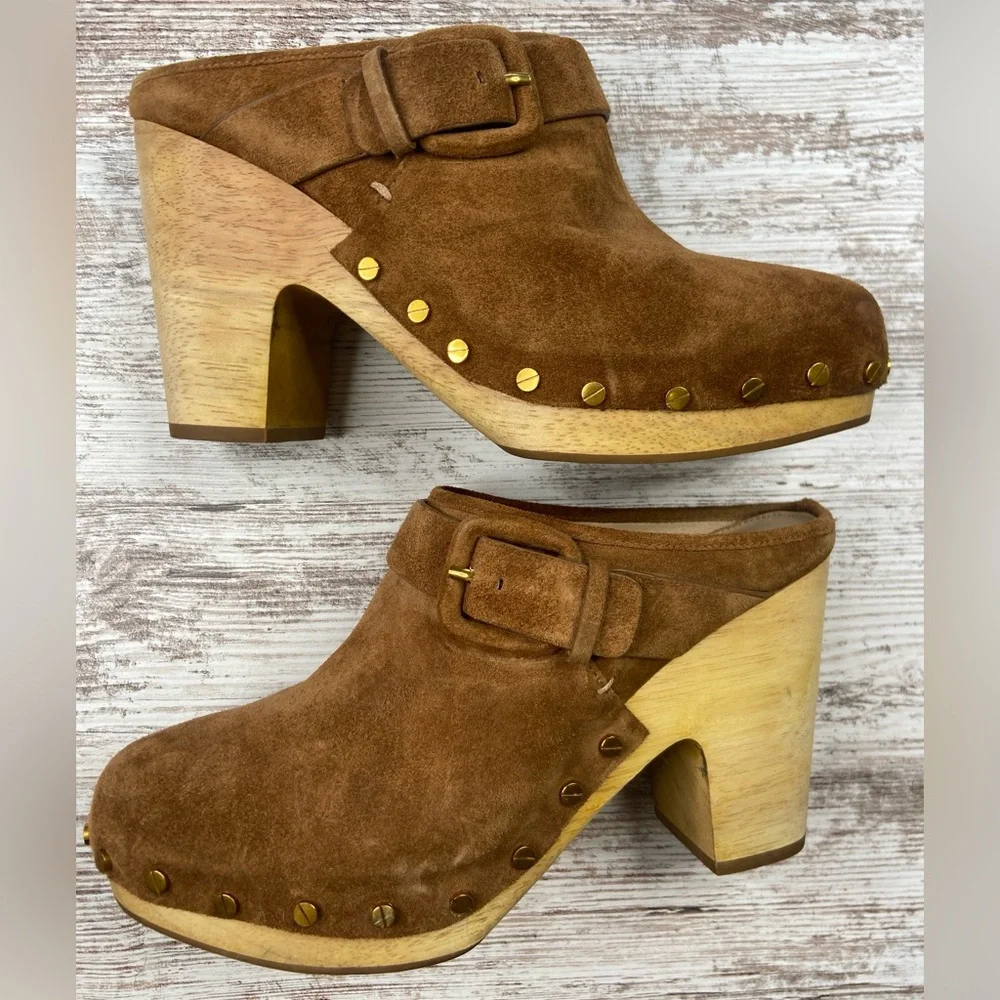 VERONICA BEARD DACEY Buckle Clogs MULE PLATFORM SUEDE PECAN Size 9.5 GUC!